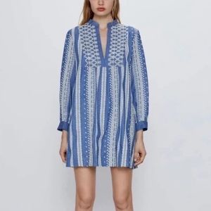 Zara Denim & White Eyelet Embroidered Tunic Dress Size M